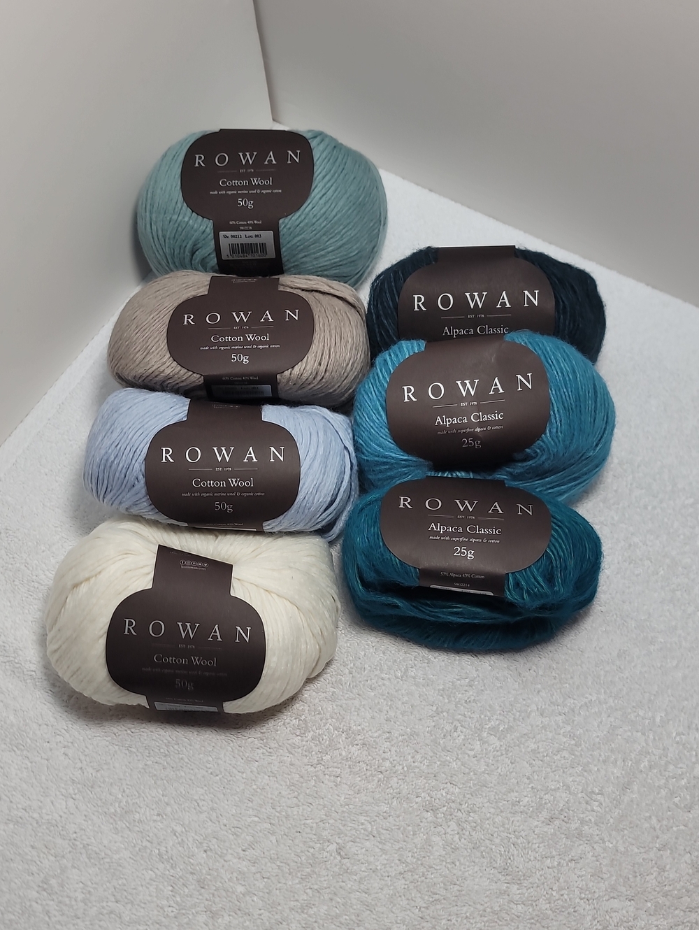 Rowan Yarn Lot Mixed Blue, Teal, Cream & Taupe, 4 Cotton Wool, 3 Alpaca Classic